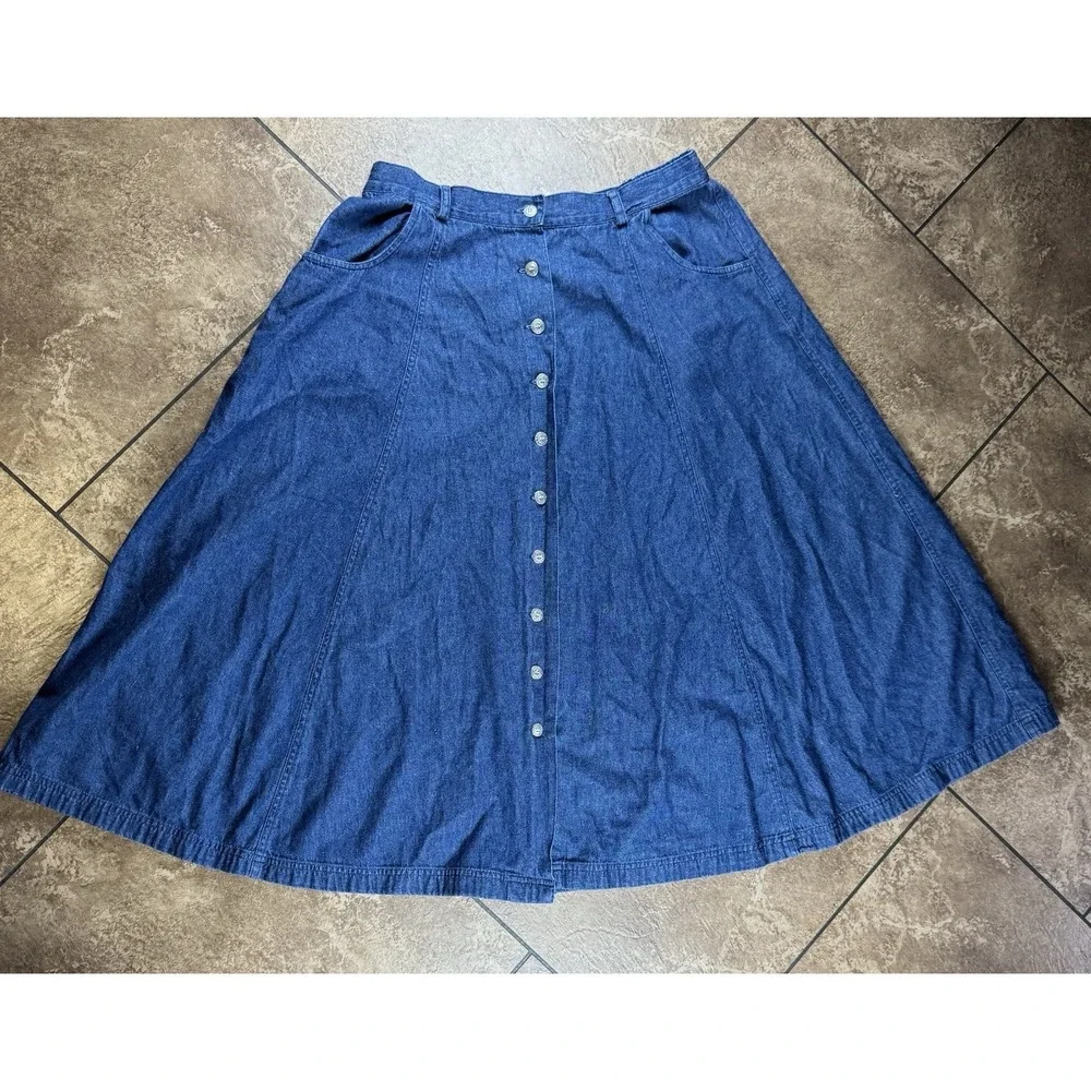 Vintage Jantzen Classics Denim A-Line Skirt Button Womens 12 Midi Pockets Cotton - Picture 1 of 9